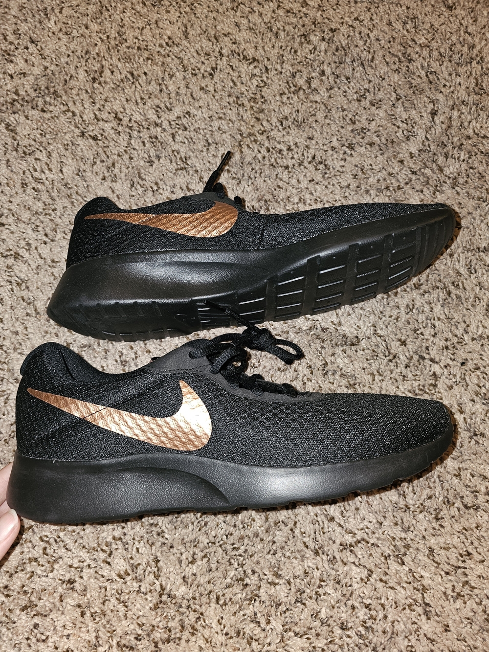 Nike Woman Black Athletic Shoes with Metallic Copper Swoosh